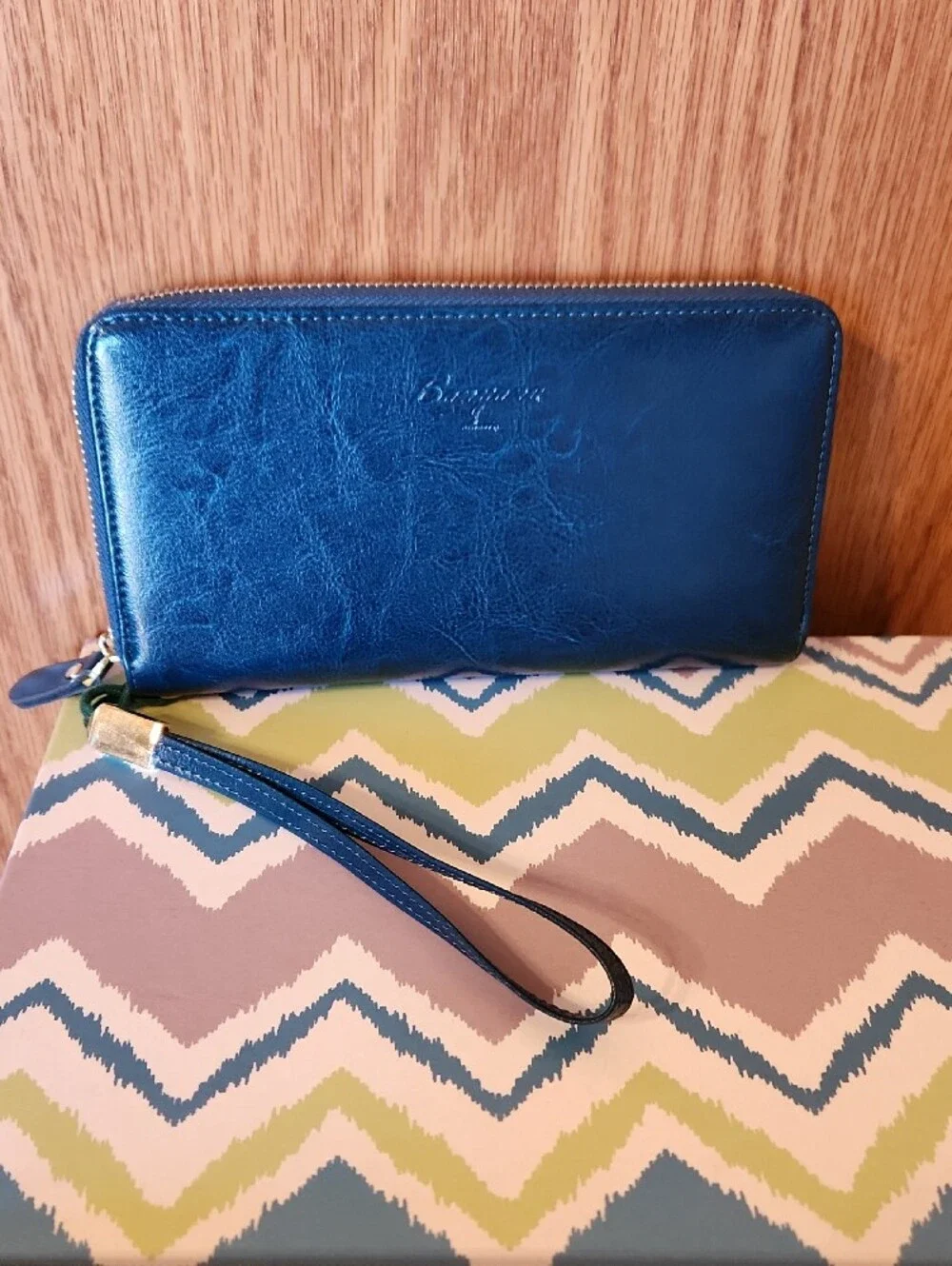 Blue Zip-Around Wristlet Wallet with Detachable Strap